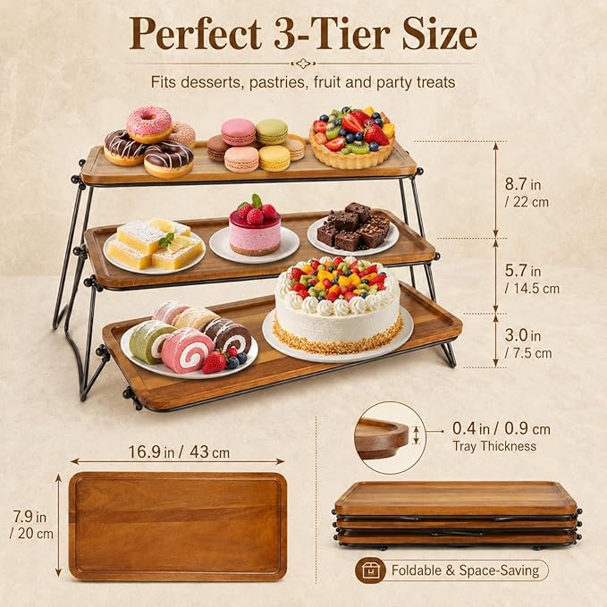 RHBLME Tiered Tray Stand, Acacia Wood Dessert Table Display Set, 3 Tier Cupcake Stand and Towers Serving Tray for Party, Decorative Tiered Tray Rustic Wood Serving Platters and Trays