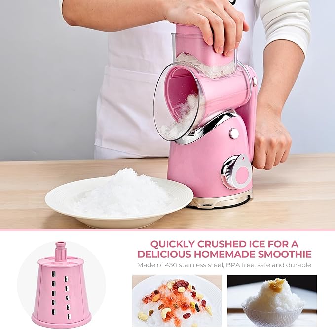 SUSTEAS Rotary Cheese Grater with Handle,Vegetable Slicer with 6 Interchangeable Blades, Reinforced Suction,Easy to Clean,Kitchen Shredder for Crushed Ice,Fruits and Nuts with Blade Storage Case,Pink