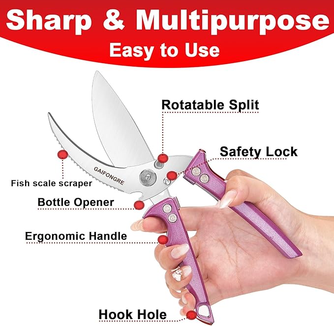 Heavy Duty Poultry Shears - Kitchen Scissors All Purpose, Chicken & Fish Shears, Easily Separable, Dishwasher Safe (Purple)