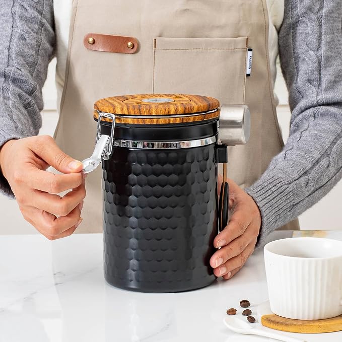 TEDSWAIT Coffee Canisters Airtight Coffee Bean Storage Container Kitchen Stainless Steel Food Storage Container with Scoop Date Tracker & CO2 Valve 61Fl Oz (Diamond Black)