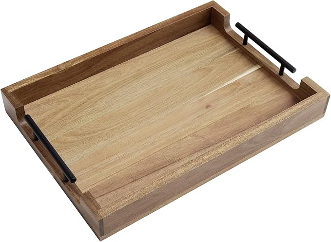 GarveeHome Acacia Serving Tray with Metal Handles, 17 in Wood Serving Tray for Coffee Table Liquor Bar, Coffee Serving Tray Toiletry Platter, Storage Tray for Ottoman Kitchen Bedroom Bathroom