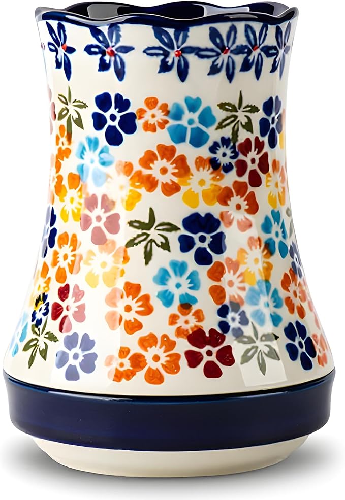 Utensil Holder for Kitchen Counter, Large Ceramic Utensil Holder Crock with Drain Tray, Hand-Painted Floral Rustic Farmhouse Kitchen Crock, Perfect for Women, Christmas, Hostess Gifts & Fall Decor