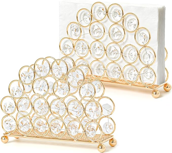 2-Pack Metal Crystal Gold Napkin Holders, Standing Tissue Dispenser & Card Organizer -5.7"×4.3" Modern Table Organizer for Kitchen Dining Party Bathroom Decor