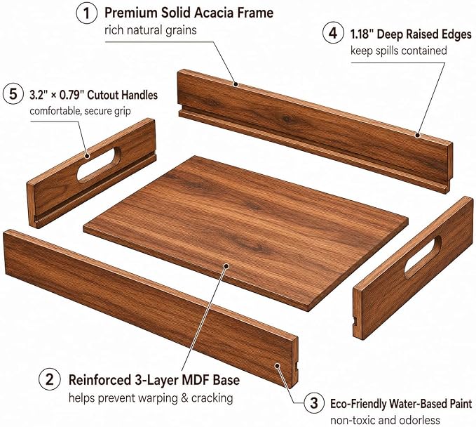 Acacia Wood Serving Tray Set of 2 with Handles for Food & Decor | Serve food & drinks, organize remotes and essentials, decorate coffee tables, ottomans, kitchen counters & living rooms.