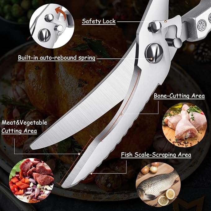 Poultry Shears Heavy Duty Kitchen Shears Multipurpose Kitchen Scissors Stainless Steel Cutlery Shears For Chicken Meat Turkey Fish Vegetables Herbs With Protective Sheath Gift Box