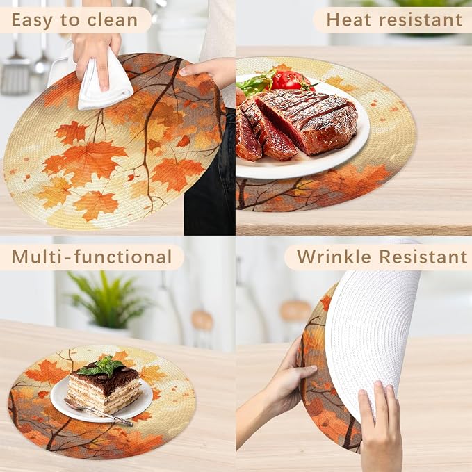 Round Placemats Set of 4, Fall Maple Leaves Branches Woven Placemats Mats Non-Slip Heat Resistant Washable Table Mats Round Braided Place for Farmhouse Kitchen Dining Party Decor 15in