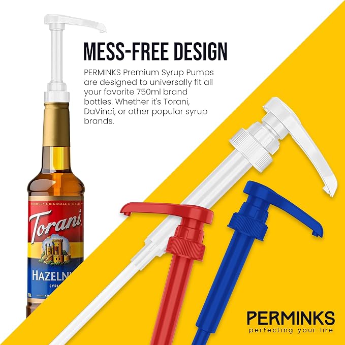 Premium Syrup Pump Compatible with Torani 750 ml Bottle, Davinci Syrups - No Spill, No Clog Syrup Pump Dispenser for Vanilla, Snow Cone, Coffee Flavoring & More (Pack of 6, Red, White & Blue)