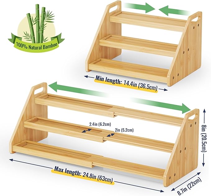 NiHome Cabinet & Countertop Expandable 3-Tier Bamboo Spice Rack for Spices, Jars, Office Supplies, Adjustable Length 12.6"-23.6" Multi-Purpose Natural Bamboo Organizer for Kitchen, Pantry, Bathroom