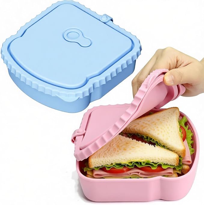 2 Pack Silicone Sandwich Container, Reusable Sandwich Bento Box with Lid for Lunch Fruit Snacks Bread, Colored Toast Shaped Container, Silicone Snack Containers for Office Picnic Travel Meal Prep