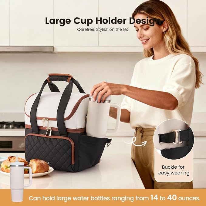LOVEVOOK Insulated Lunch Bag for Women,Large Double Deck Adult Lunch Box,Teacher Lunch Tote Bag with Cup Holder,Leakproof Cooler Bag with Adjustable Shoulder Strap for Work Picnic Beach,Larger 15L