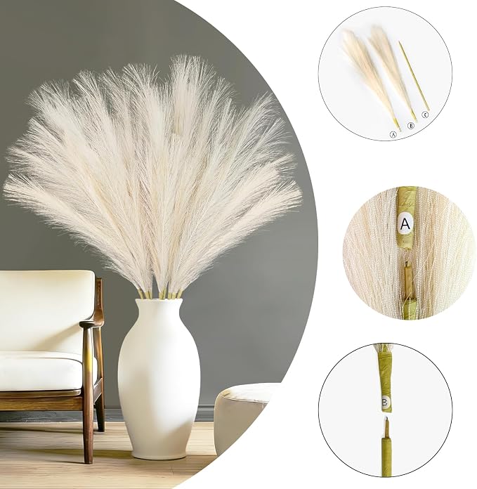 TORONTOKYO 8Pcs Beige Faux Pampas Grass Tall Decor, 35.4” Fluffy Artificial Pompous Grass Branches, Large Pampas Grass Reed Stems for Floor Vase Filler, Wedding, Baby Shower, Home Boho Decor