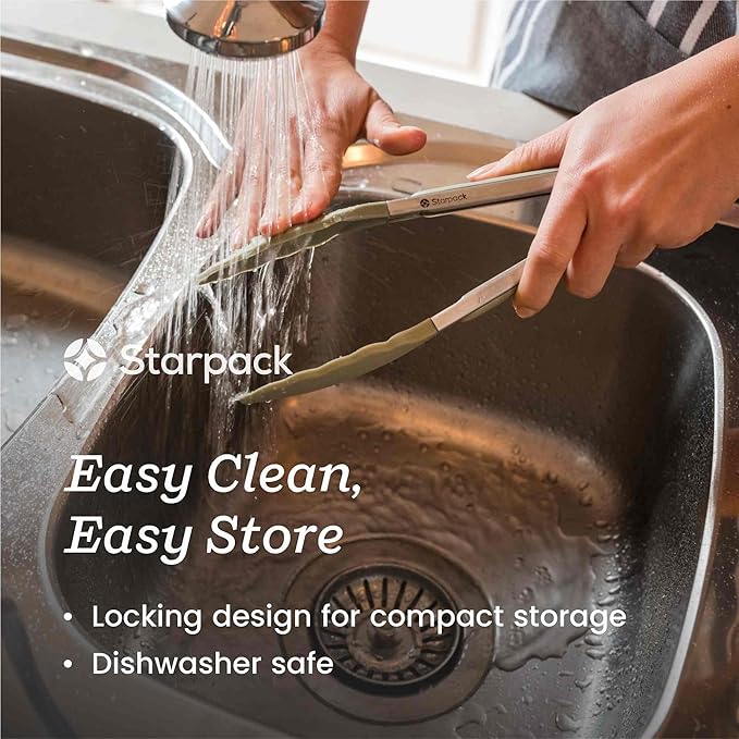 Starpack Get a Grip Silicone Kitchen Tongs (9 Inch) - LFGB Non Toxic, 600°F Heat Resistant, BPA-Free - Heavy-Duty Stainless Steel, Locking - Dishwasher Safe for Nonstick Cookware Sage Green