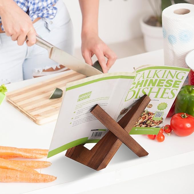 Wooden Cookbook Display Stand Holder - Adjustable, Foldable, Rustic Wood Design, Perfect for Kitchen Countertops, Tablets, Recipe Books, and Photos, Great Gift for Home Chefs and Cook Lovers