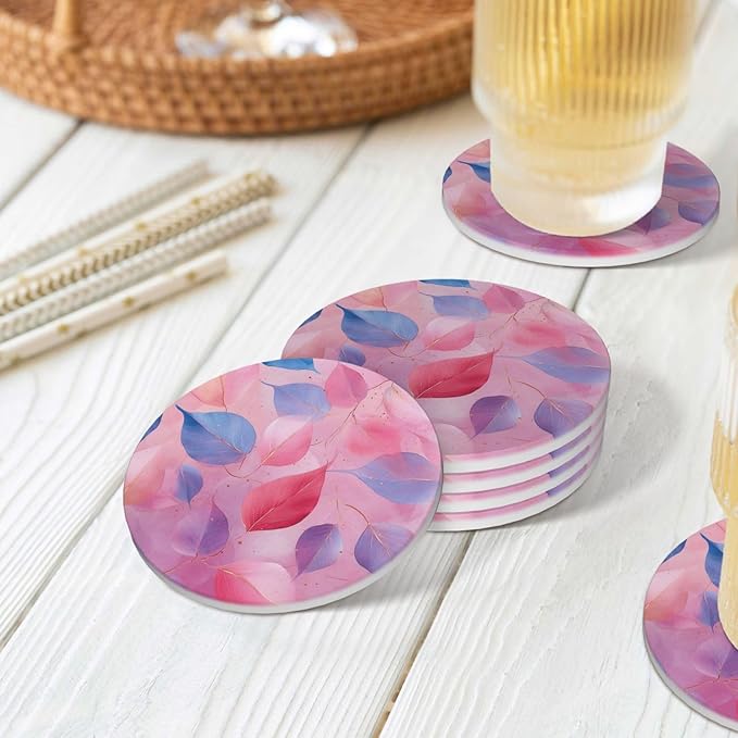 Pink Blue Leaves Coasters Set of 4 Absorbent Ceramic Coasters for Drinks Modern Cup Coaster with Cork Backing Cute Stone Coaster Housewarming Gifts 4.1 Inches