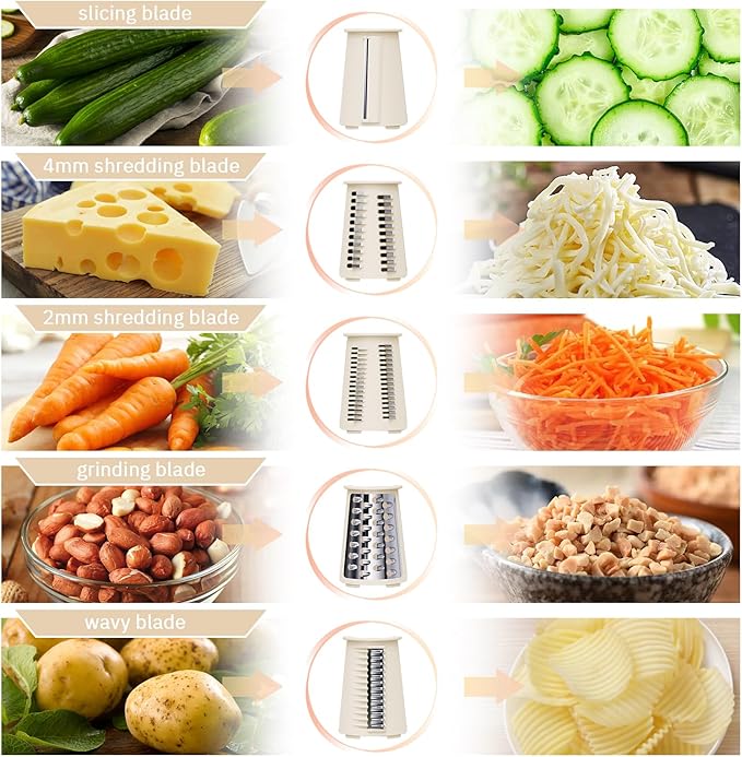 ENERGEVITY Manual Rotary Cheese Grater with Handle, 5 in 1 Replaceable Stainless Blades Cheese Shredder,Strong Suction Base Vegetable Slicer with Cleaning Brush & Bonus Storage Box for Blades (white)