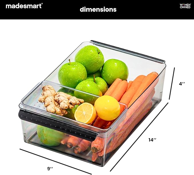 madesmart Premium Large Fridge Bin, Organizer for Produce, Cheeses, Meats & Deli Items, Dry-Erase Label Area, Multi-Purpose Fridge Storage, Soft Grip Handles, Clear
