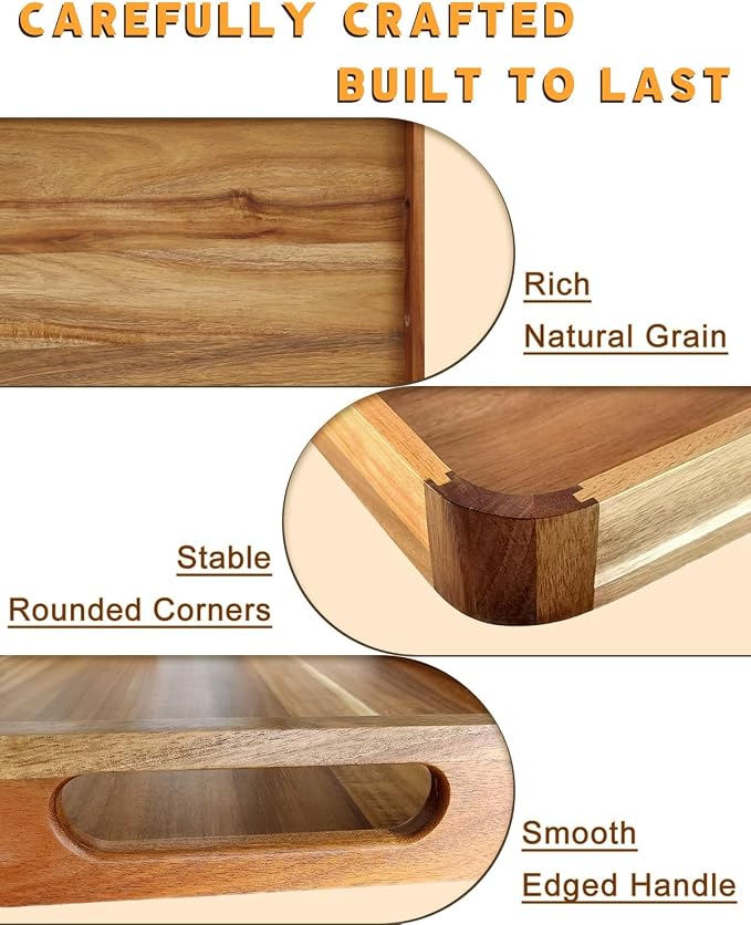 22" x 15.75" Acacia Wood Serving Tray with Handles & Rounded Corners | Large Rectangular Wooden Ottoman Tray for Living Room, Kitchen, Coffee Table, Food Serving