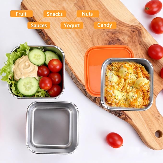Snack Box Containers - 6 Pack 6oz Reusable Small Snack Containers with Silicone Lids, 304 Stainless Steel Metal Stackable Food Storage Cups, Salad Dressing Dipping Sauce for Travel, Picnic