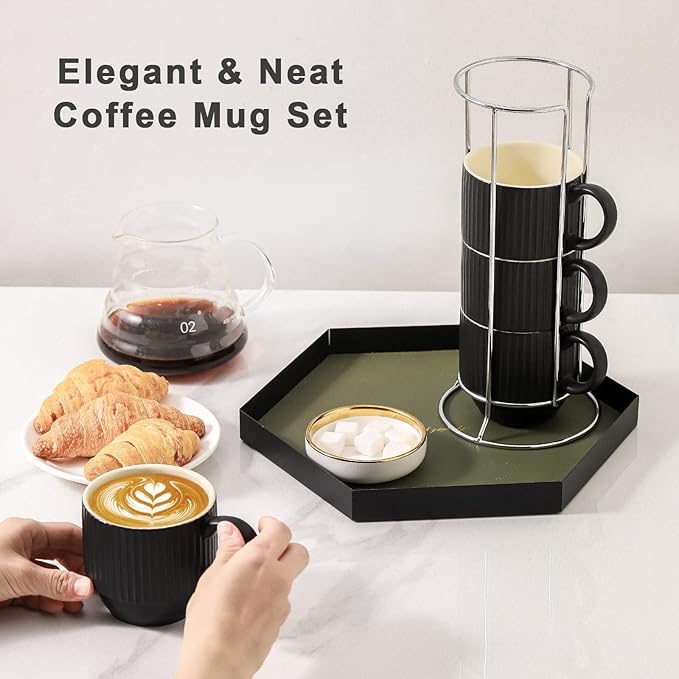 Hasense Black Coffee Mug Porcelain Set of 4 with Rack - 12 oz Stackable Coffee Cups Ceramic, Modern Ribbed Latte Cup Sets for Cappuccino, Tea, Espresso, Hot Cocoa, Drinks - Dishwasher & Microwave Safe