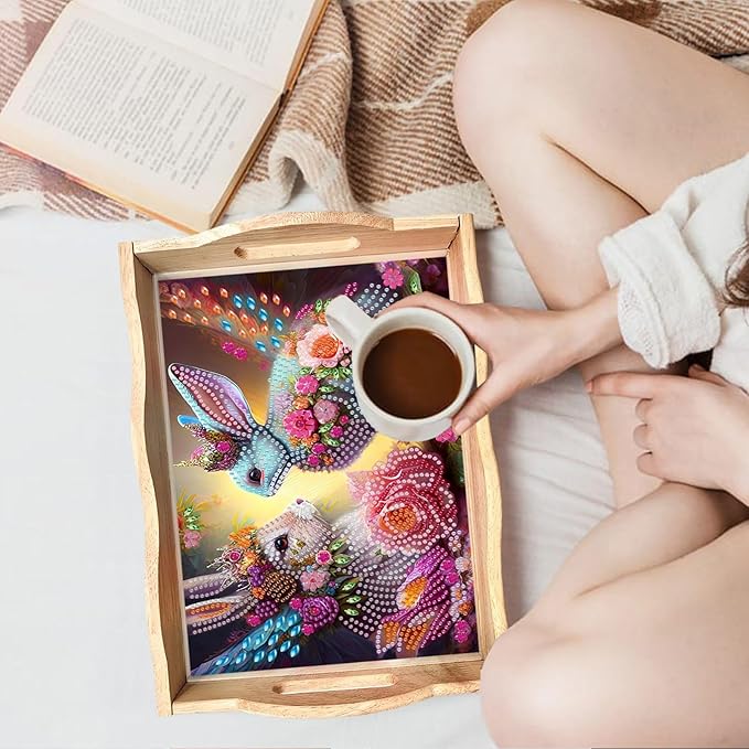 DIY Diamond Serving Tray Diamond Art Painting Creative Design Handmade Wooden Tray Dinner Plate for Coffee Breakfast Home Organizer-Rabbit