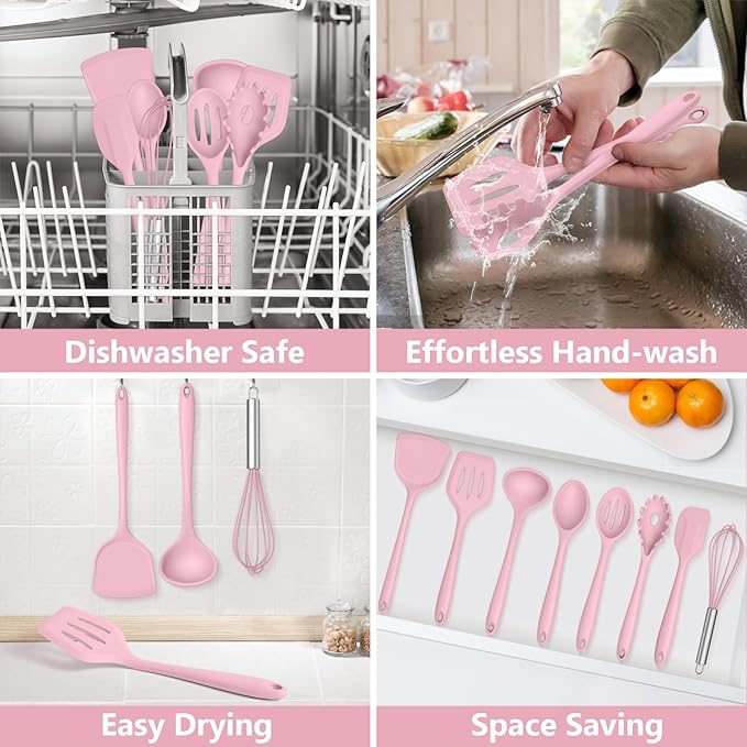 TeamFar 8 PCS Silicone Cooking Utensils - 446°F Heat Resistant Kitchen Silicon Utensils Set, Turner, Spatula, Spoon, Whisk, Kitchen Cooking Gadgets Tools for Nonstick Cookware, Dishwasher Safe-Pink