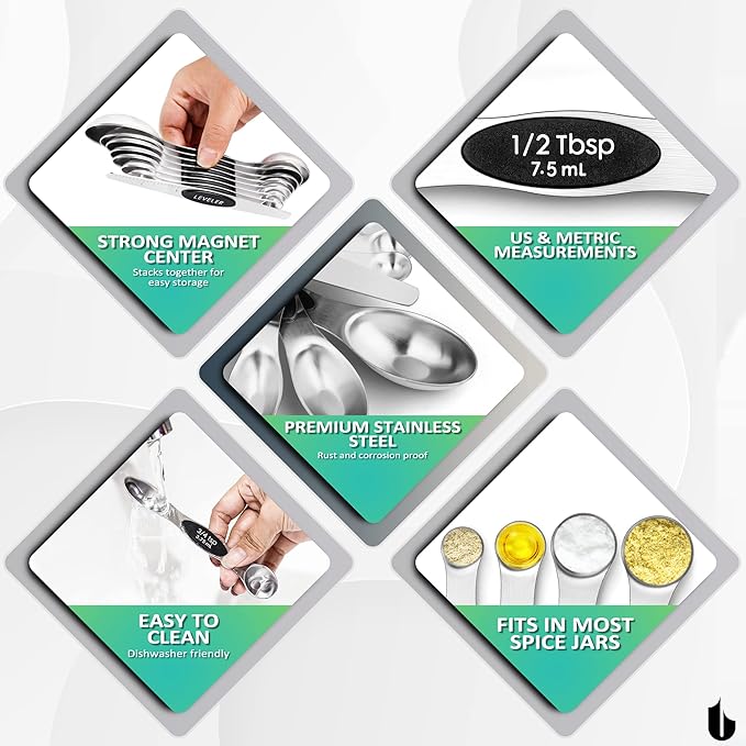Urbanstrive 8 Pcs Upgraded Magnetic Measuring Spoons Set Stainless Steel Dual Sided for Liquid Dry Food Measuring Cups Spoons Set Fits in Spice Jar Kitchen Gadgets Including Leveler, Silver