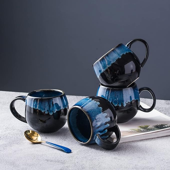 UNICASA Coffee Mugs Set, 18oz Ceramic Jumbo Mugs Set of 4, Porcelain Cereal, Soup Cups with Handles for Coffee, Tea, Milk, Latte and Cocoa, Microwave Safe - Reactive Blue