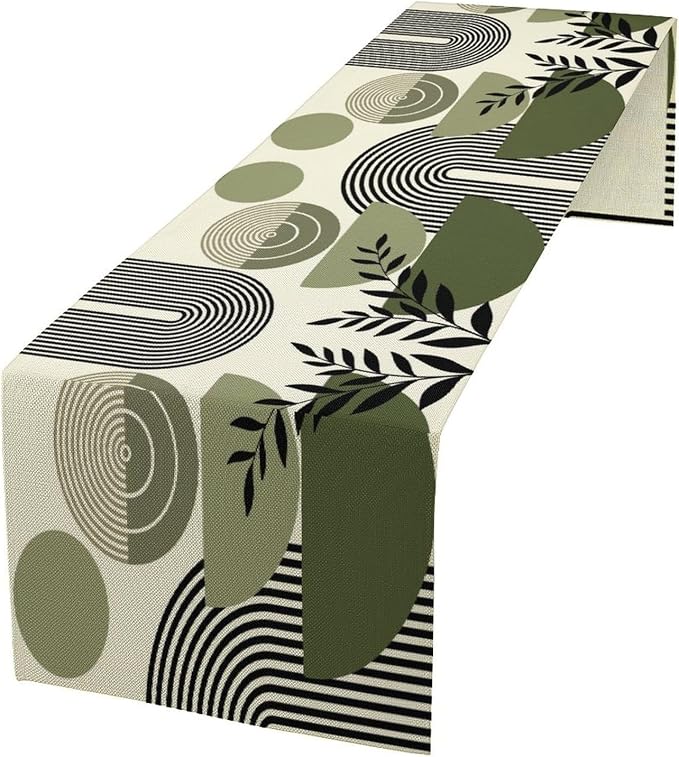 Boho Mid Centruy Table Runner Abstract Sage Green Tropical Leaves Sun Modern Geometric Arch Botanical Dinner Runner for Farmhouse Cabin Home Kitchen Dining Holiday Party Decor 13x36in