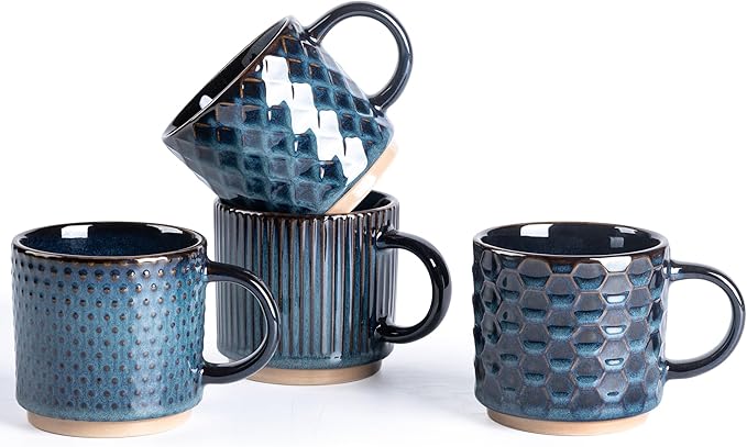 GBhome 6 OZ Stackable Coffee Mugs, Ceramic Coffee Mugs with Texture Patterns for Man,Woman,Dad,Mom, Modern Coffee Cups Set of 4 for Espresso/Cappuccino. Dishwasher&Microwave Safe