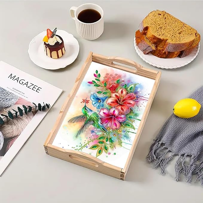 2Pcs DIY Diamond Serving Tray with Handle Handmade Gem Painting Wooden Rectangular Breakfast Tray for Dinner Plate Coffee Room Living Home Organizer-02