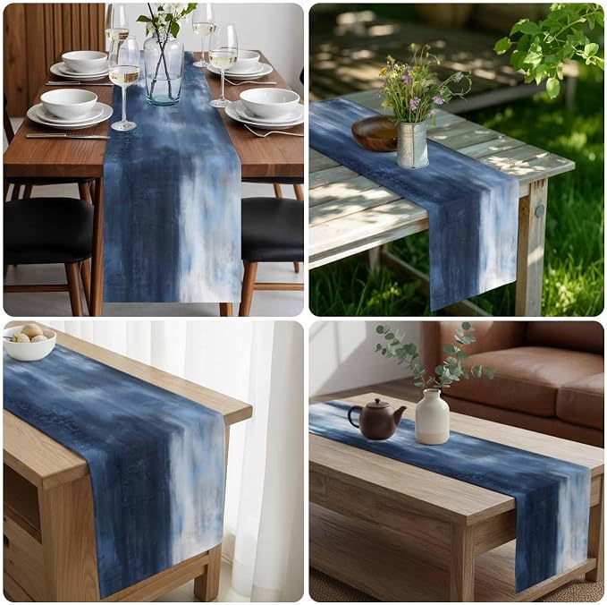 Ombre Dark Blue Short Table Runners 48 Inches, Cotton Linen Fabric Table Runner Dresser Scarf, Modern Simple Painting Art Tablerunner for Party/Kitchen/Dinner/Wedding Decor 13"x48"