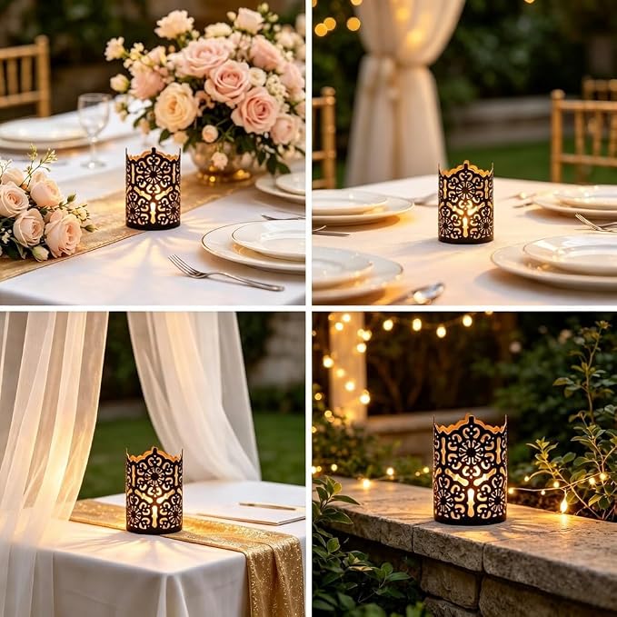 Hosley Set of 3 Black Metal Candle Holders 4 Inch High - Lattice Cut Lanterns for Table Centerpiece, Wedding, Home Decor, Indoor Outdoor