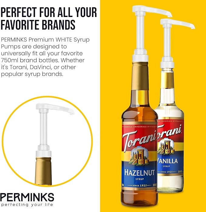 Syrup Pumps- Compatible with Torani and Davinci Bottles (25.4 oz-750ml) (Set of 6, White)