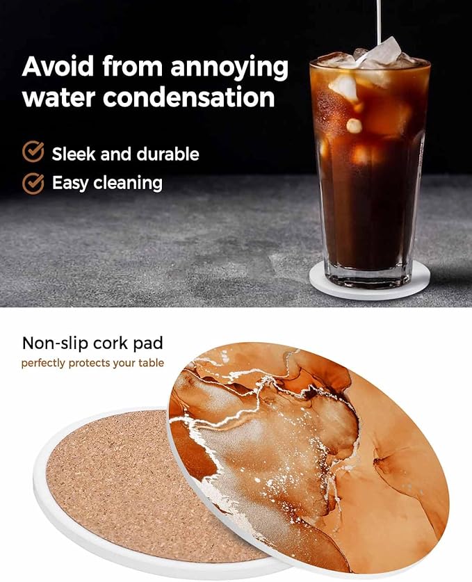 Coasters Set of 8 Orange Marble Drink Coasters with Holder Absorbent Stone Ceramic Cup Mat Abstract Waves Cloud Coaster for Drinks Coffee Bar Office Kitchen Cafe Home Table Decor