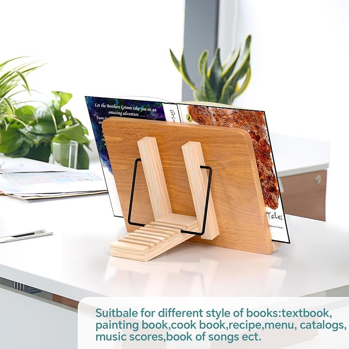 Book Stand,8 Adjustable Height Holder Tray with Elastic Page Paper Clips for Textbook/Cookbook/Music Scores/Tablet,Lightweight Reading Hands Free Desktop Document Book Mount,Bamboo Reading Holder