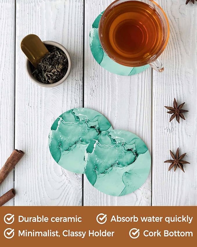 Coasters Set of 4 Turquoise Marble Drink Coasters with Holder Absorbent Stone Ceramic Cup Mat Abstract Waves Cloud Coaster for Drinks Coffee Bar Office Kitchen Cafe Home Table Decor