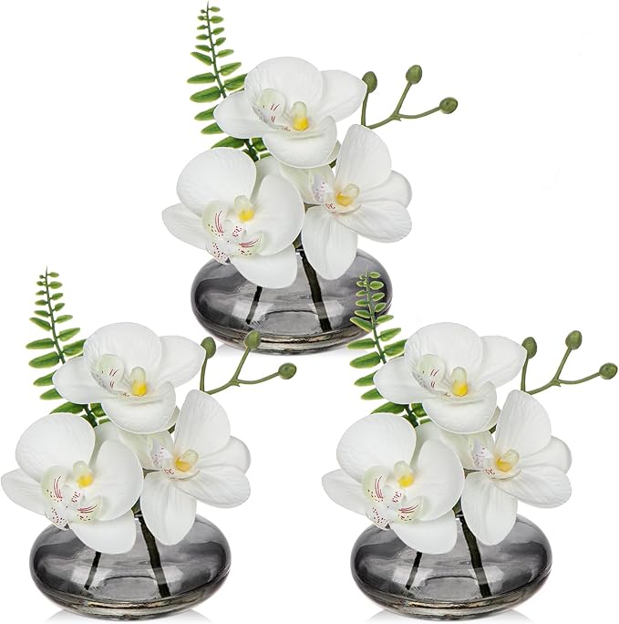 Oairse White Orchids Artificial Flowers Faux Orchids Arrangement in Black Glass Vases Set of 3 Real Touch Phalaenopsis Orchid Flowers Small Fake Orchid Centerpiece for Dining Room Table