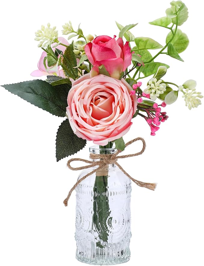 AFRITEE Flowers Bouquet in Small Vase - Pink Rose Artificial Fake Centerpiece Potted Flowers with Transparent Vase Set for House Dining Room Farmhouse Coffee Wedding Table