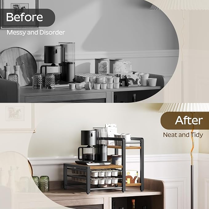 YATINEY Coffee Pod Drawer Holder, Holder for K Cup, Coffee Pod Organizer with 2-Tier Sliding Storage Drawer and Countertop, 56 Pods Capacity, Rustic Brown and Black KH01BR