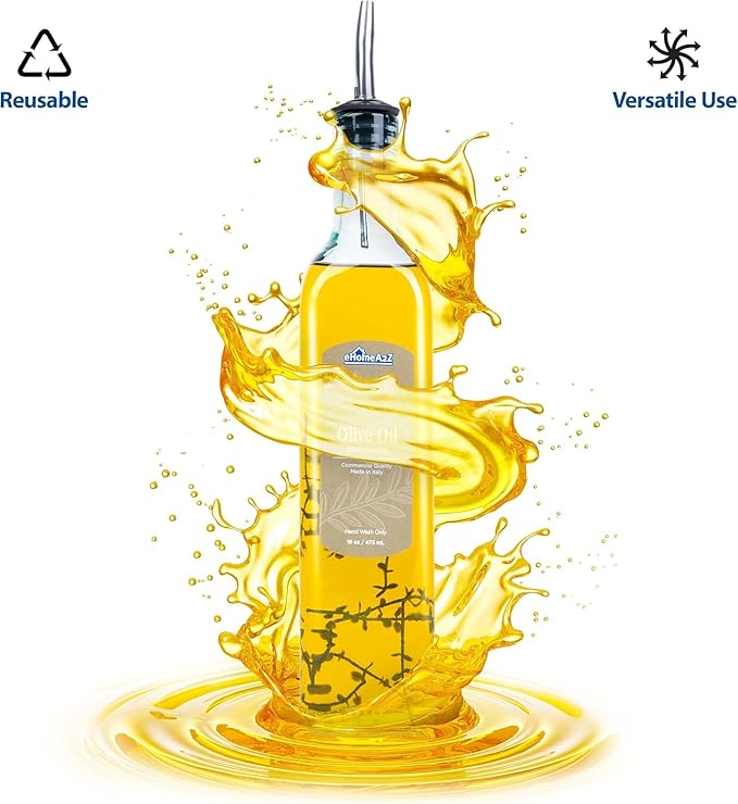 Olive Oil Dispenser Bottle - 16 oz, Made in Italy Glass Olive Oil and Vinegar Cruet with Stainless Steel Spout for Kitchen, Slight Green Tint (1, 473 ml)