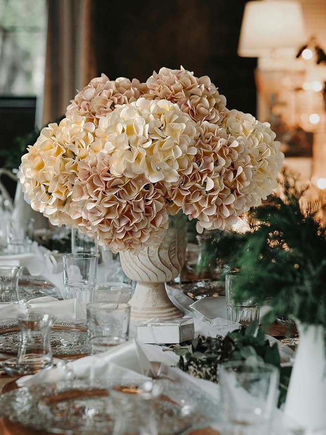 ZYTUYO 5 Pcs Light Coffee Silk Hydrangeas Artificial Flower Boho 20'' Faux Hydrangeas for Fall Indoor Home Decor Spring Kitchen Living Room Outdoor Porch Wedding Flower Arrangement