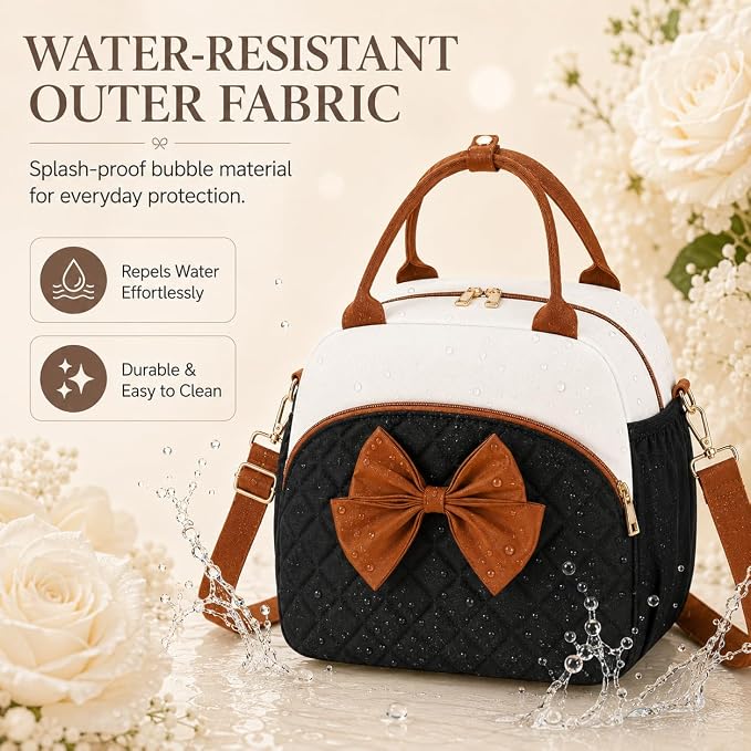 LEDAOU Lunch Box for Women, Insulated Lunch Bag Women with Adjustable Shoulder Strap, Cute Lunch Tote Bag for Work, Womens Lunch Bag with Bowknot, Front Zipper Pocket & Side Pockets