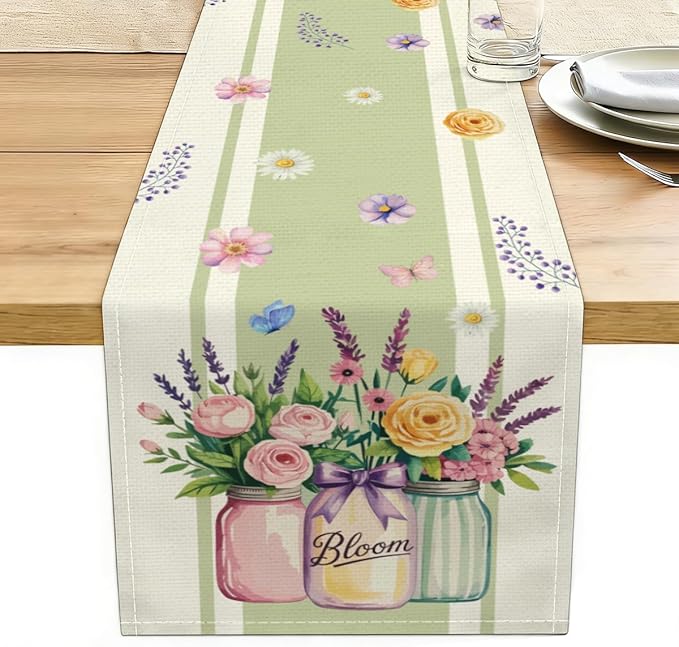 Vase Bloom Tulip Lavender Summer Table Runner Linen Spring Summer Table Runners Modern Kitchen Table Decorations Rustic Coffee Table Dresser for Home Dining Party Holiday Decor 13x72 Inch