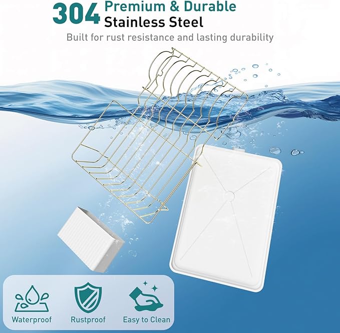 Buruis Dish Drying Rack for Kitchen Countertop, Large Capacity Gold Stainless Steel Dish Drainer with Anti-Slip Rubber Feet, Removable Drain Board and Utensil Holder (White Tray)