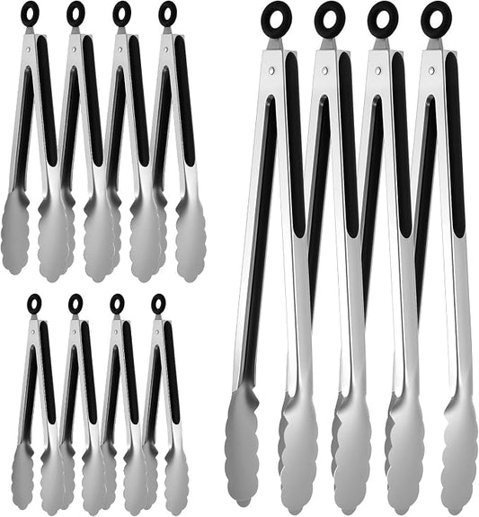 12 Pcs Stainless Steel Kitchen Tongs, 7/9/12 Inches Heat Resistant Cooking Tongs Heavy Duty Metal Locking Tong Non-Slip Metal Food Tong for Cooking Food Grill Salad BBQ