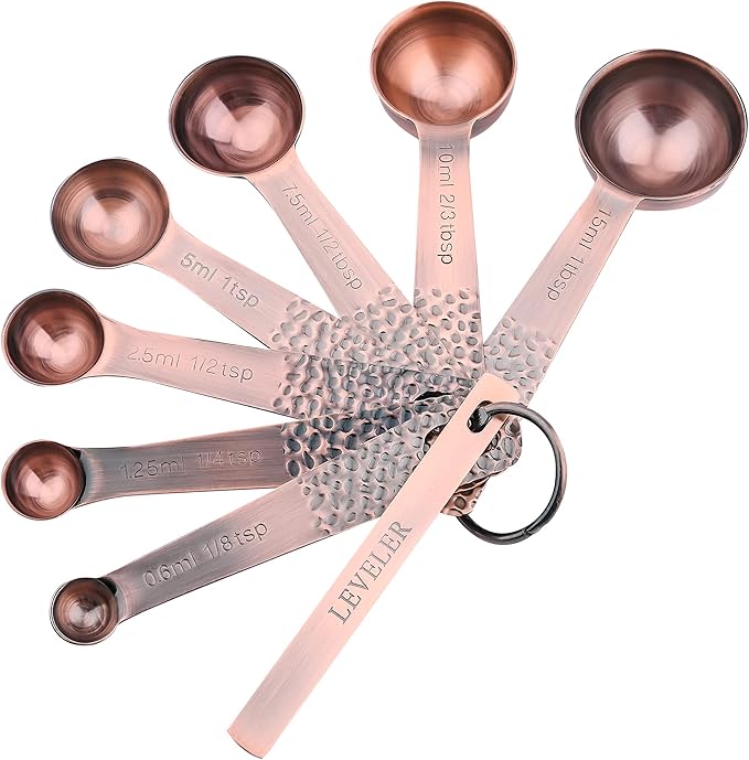 Measuring Spoons Set 7, Copper Plated Measuring Spoons Set for Baking & Kitchen, Metric &US Stainless Steel Measure Tools with Leveler for Dry & Liquid