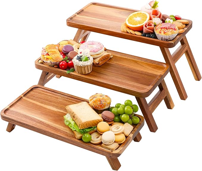 Tiered Serving Tray 17 Inch Acacia Wooden Cupcake Stand & Platters 3 Tiered Tray Foldable Dessert Table Display Set Decor for Party Charcuterie Boards for Birthday, Wedding, Christmas, Valentine's Day