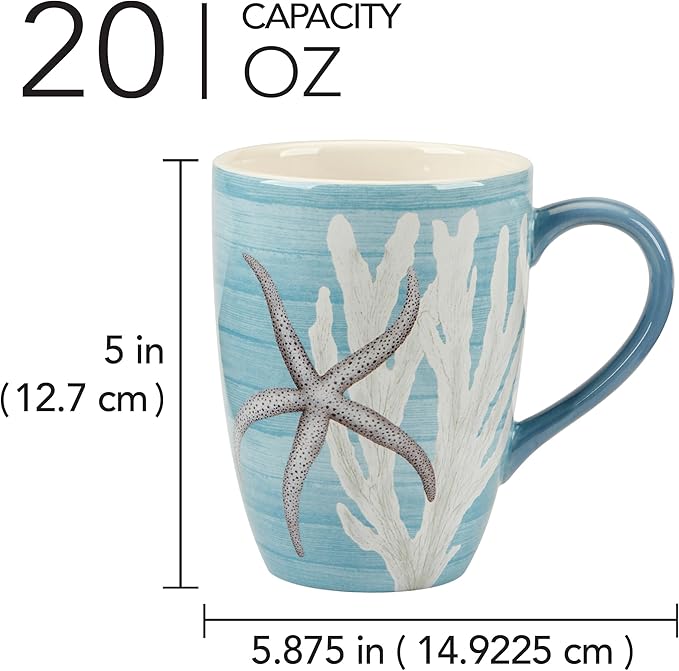 Beyond the Shore 20 oz Ceramic Mugs – Set of 4 with Coastal Shell and Starfish Artwork – Large Coffee or Tea Cups for Ocean Lovers – Dishwasher & Microwave Safe