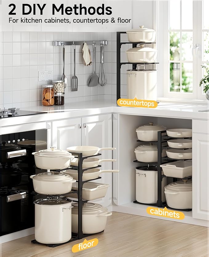 MUDEELA Pots and Pans Organizer Rack under Cabinet 20.8" Height, 8-Tier Adjustable Heavy Duty 120LBS Pot and Pan Organizer Rack inside Cabinet for Kitchen Organizer Cast-iron Pans, Heavy Cookware