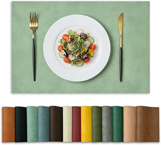 Artoid Mode Sage Faux Leather Placemats Set of 4, 12x18 Inch Waterproof Wipeable Heat Resistant Vinyl Place Mats, Reversible Table Mats for Spring Kitchen Dining Decor